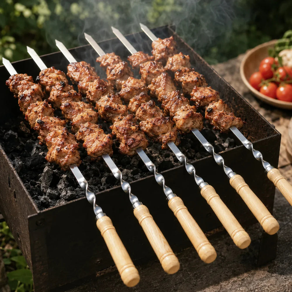 Grillspett i Rostfritt Stål med Trähandtag – 6-pack
