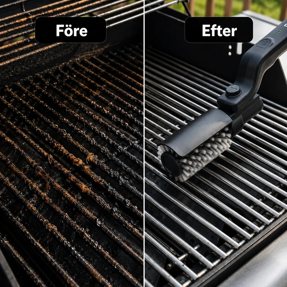 Före- och efterjämförelse av en grill med GrillPro elektrisk rengöringsborste som visar borttagning av smuts.