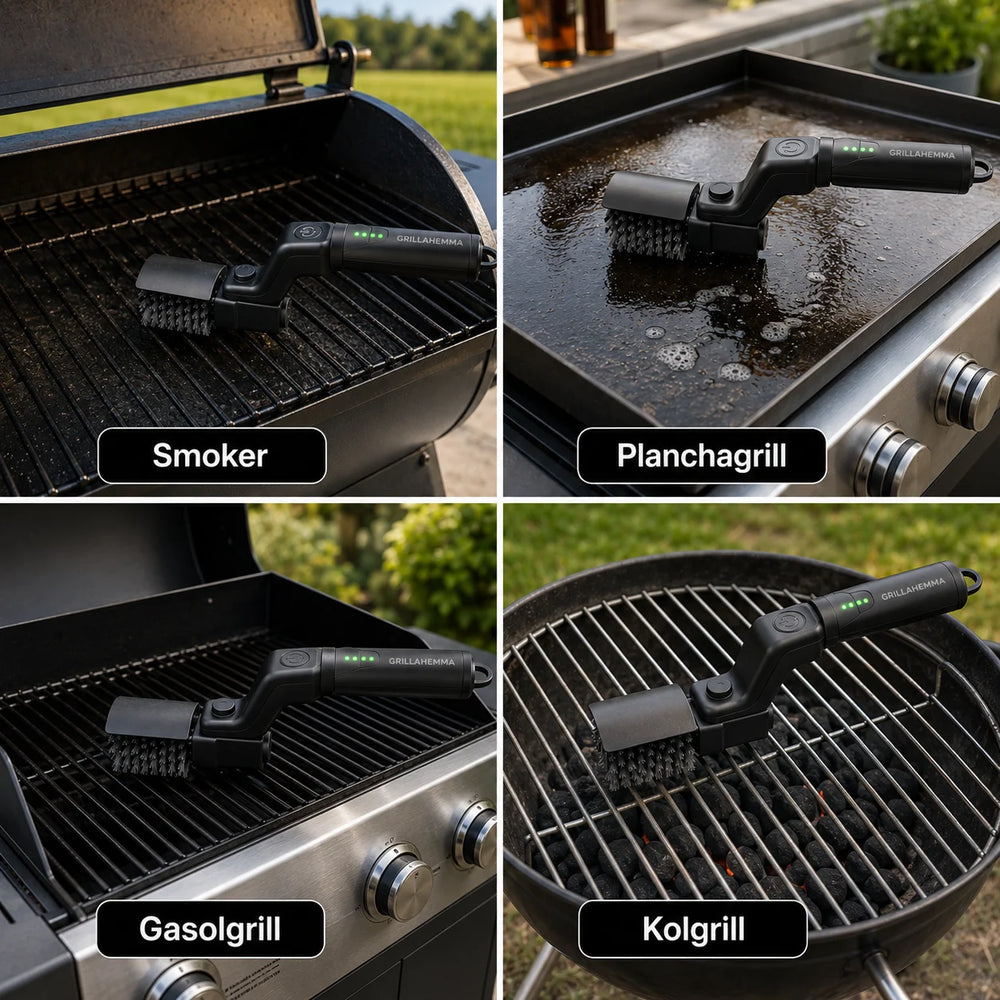 Fyra olika typer av grillar med en grillborste på varje, märkta 'Smoker', 'Planchigrill', 'Gasolgrill' och 'Kolgrill'.